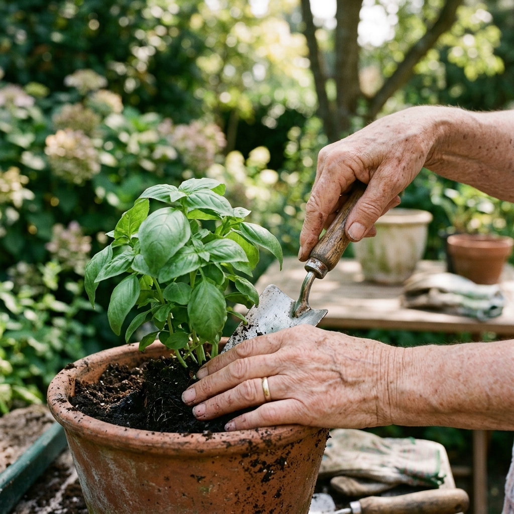 Senior hands gently potting a plant